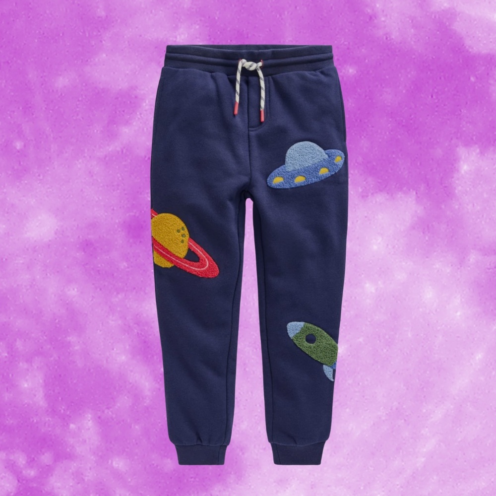 Mini Boden Navy Space-Themed Appliqué Sweatpants